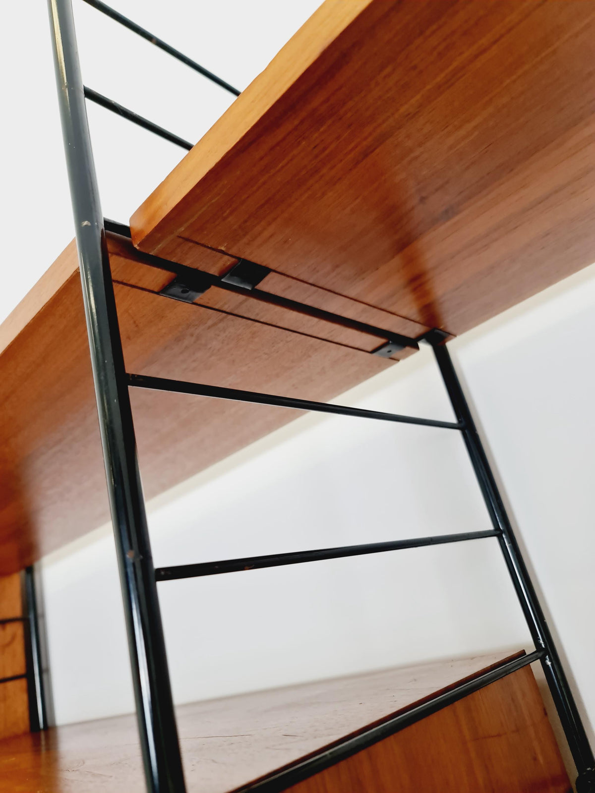Mid century String shelf-system, bookcase with 3 cabinet and show case walnut wood by WHB Germany, 1950s