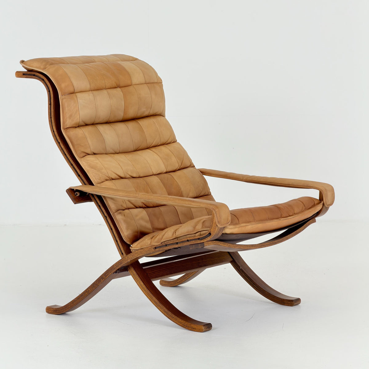 Rare Scandinavian Mid Century Lounge Chair by Ingmar Relling for Westnofa, Cognac Leather Flex Siesta Chair, Denmark, . 1960s