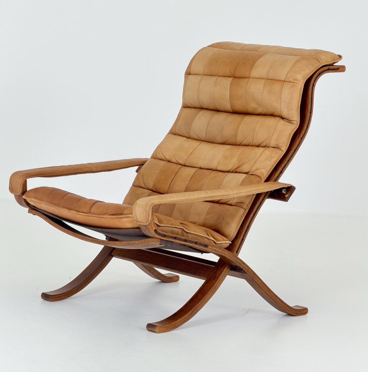 Rare Scandinavian Mid Century Lounge Chair by Ingmar Relling for Westnofa, Cognac Leather Flex Siesta Chair, Denmark, . 1960s