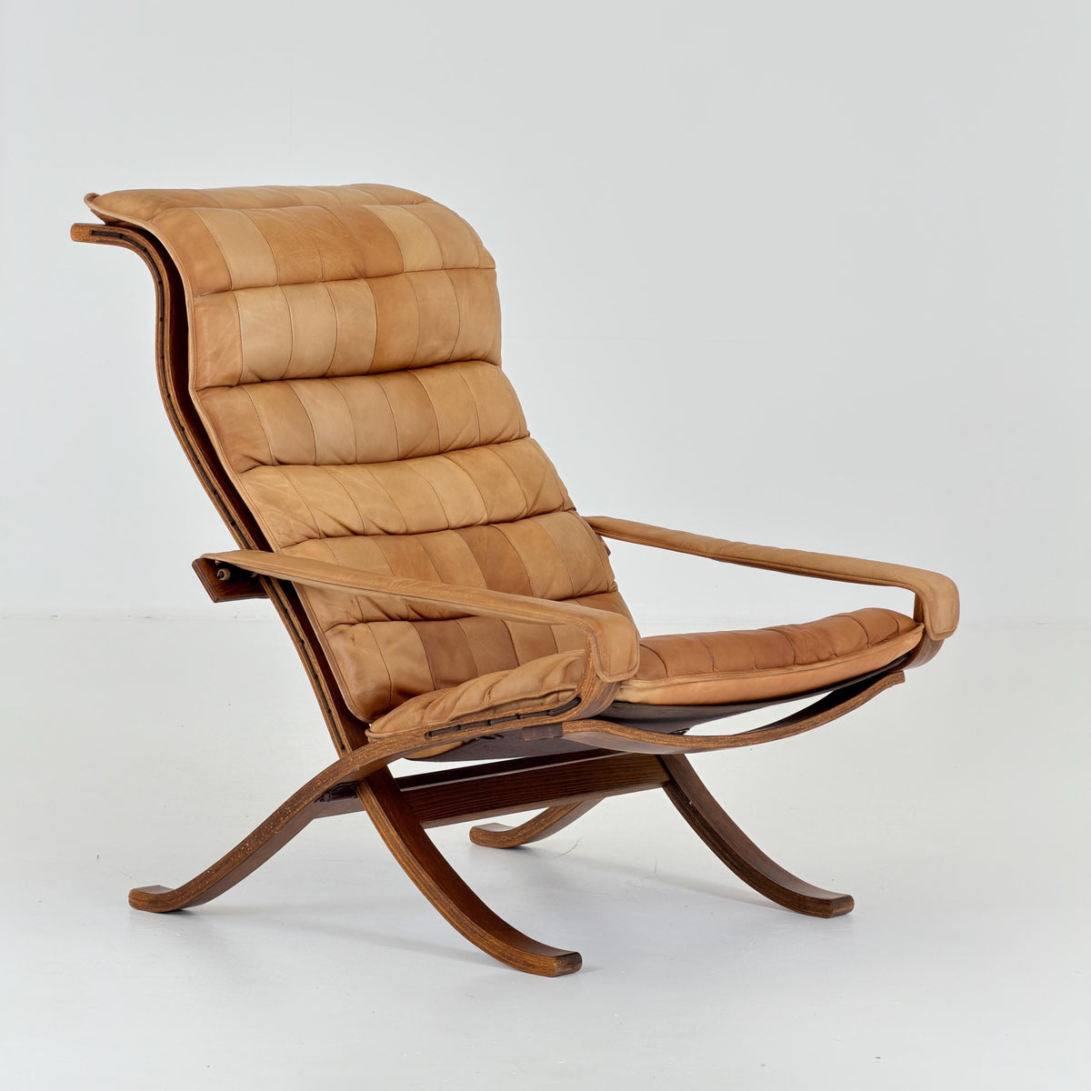 Rare Scandinavian Mid Century Lounge Chair by Ingmar Relling for Westnofa, Cognac Leather Flex Siesta Chair, Denmark, . 1960s