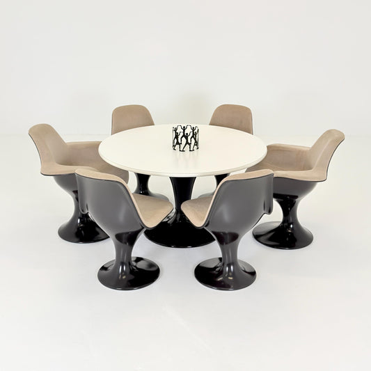 Rare Orbit Dining Set by Farner & Grunder for Herman Miller, 6 Fiberglass Chairs and Round Tulip Table 1970s Germany