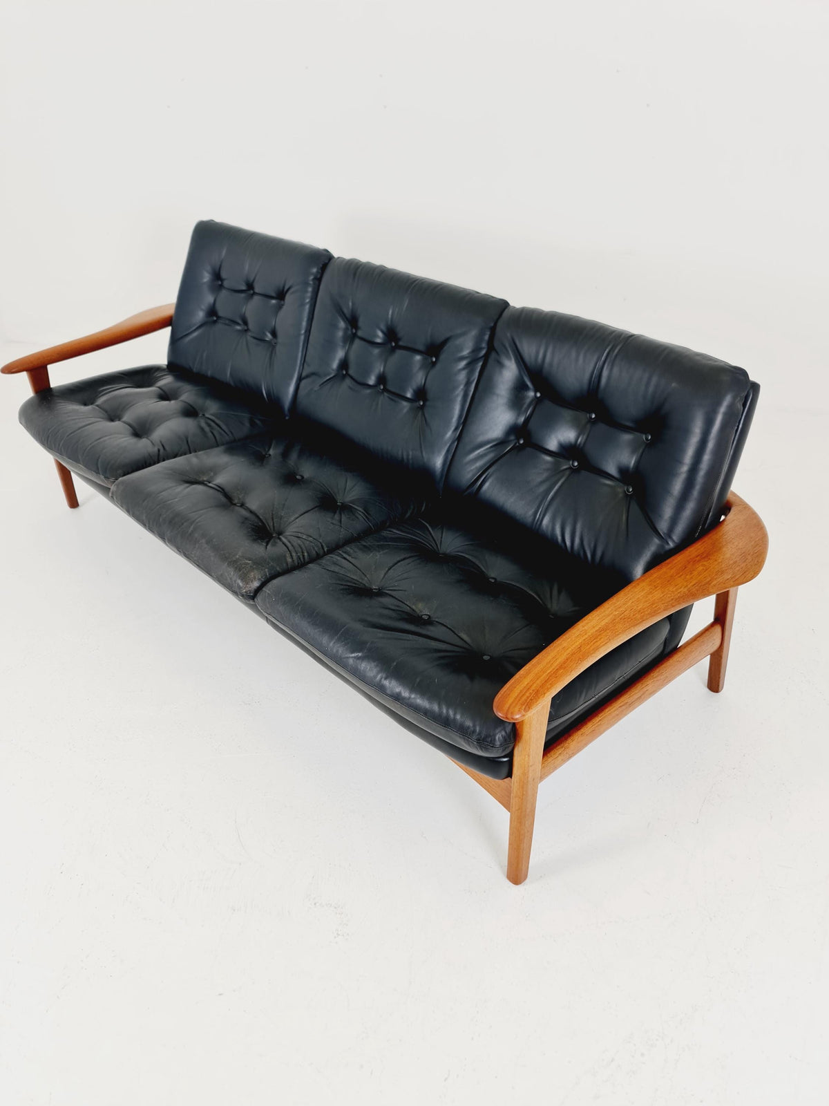 Rare Vintage Mid-Century Modern Teak & Black Leather 3-Seater Sofa