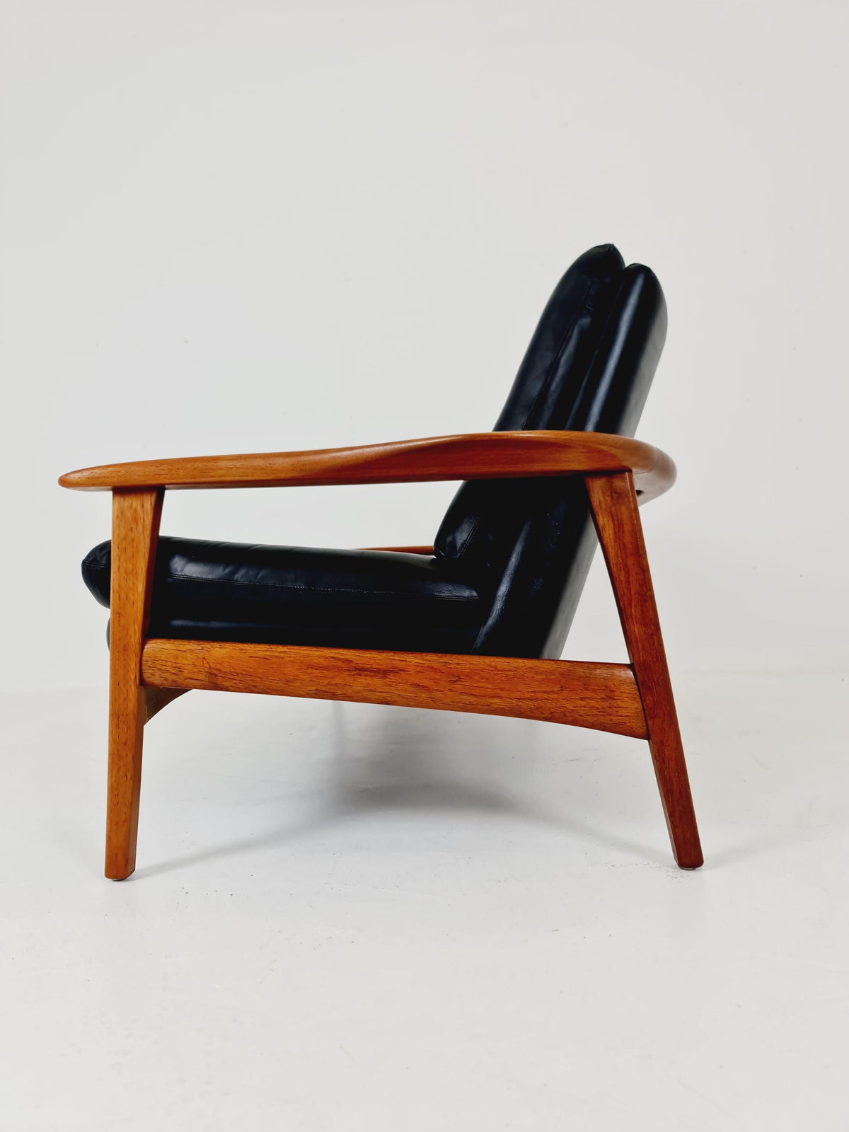 Rare Vintage Mid-Century Modern Teak & Black Leather 3-Seater Sofa