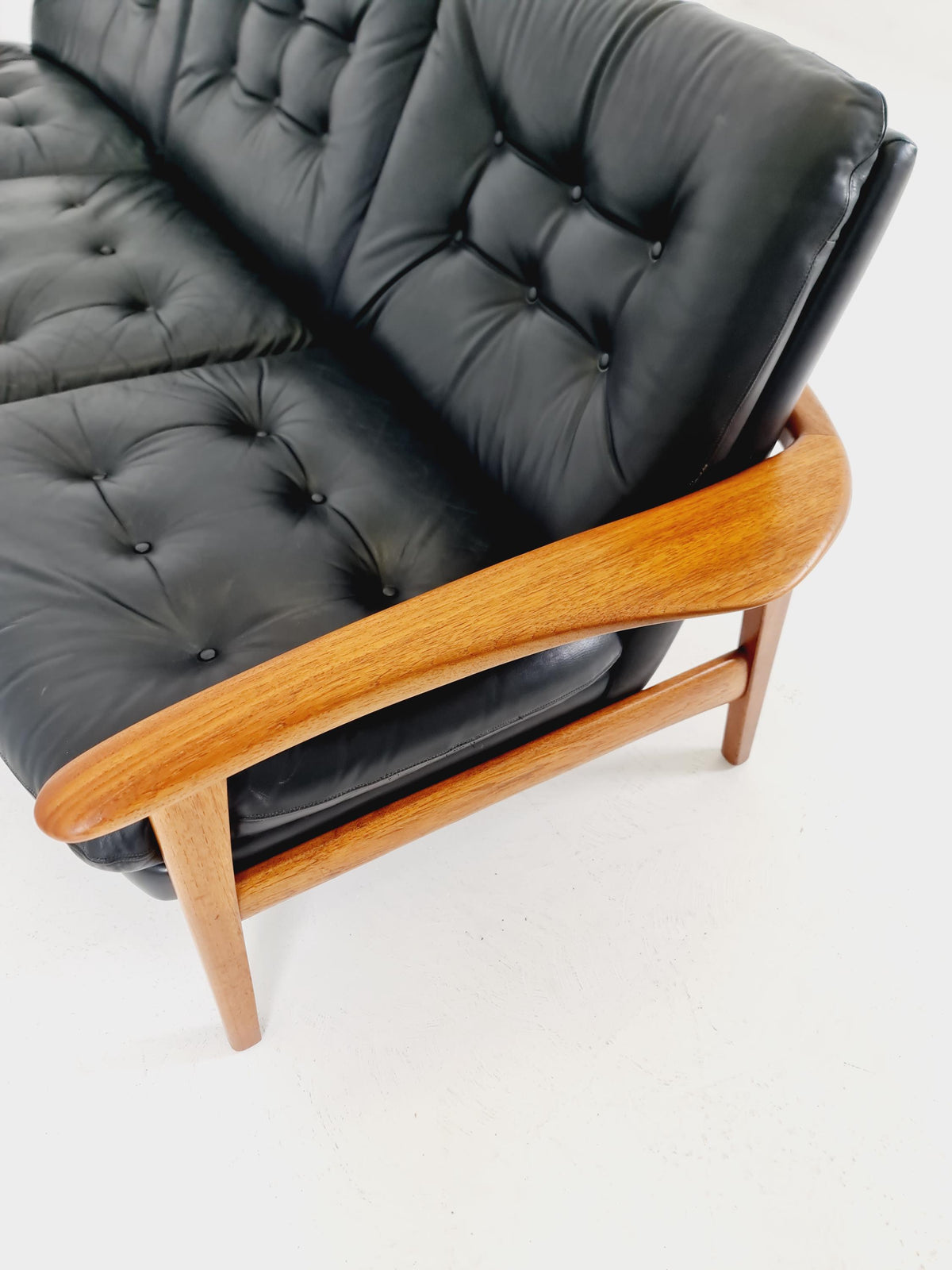 Rare Vintage Mid-Century Modern Teak & Black Leather 3-Seater Sofa