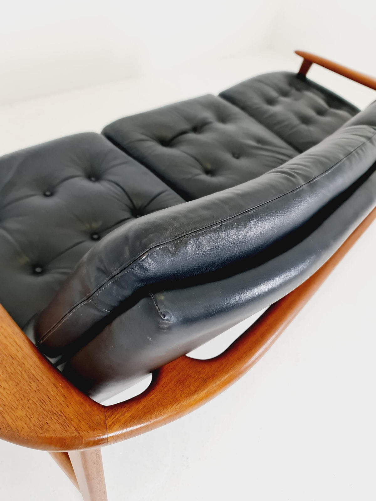 Rare Vintage Mid-Century Modern Teak & Black Leather 3-Seater Sofa