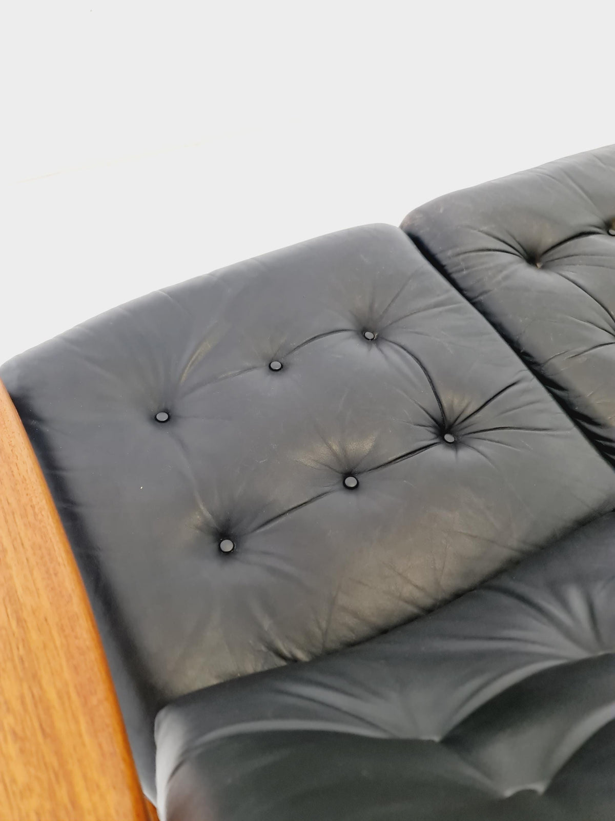 Rare Vintage Mid-Century Modern Teak & Black Leather 3-Seater Sofa