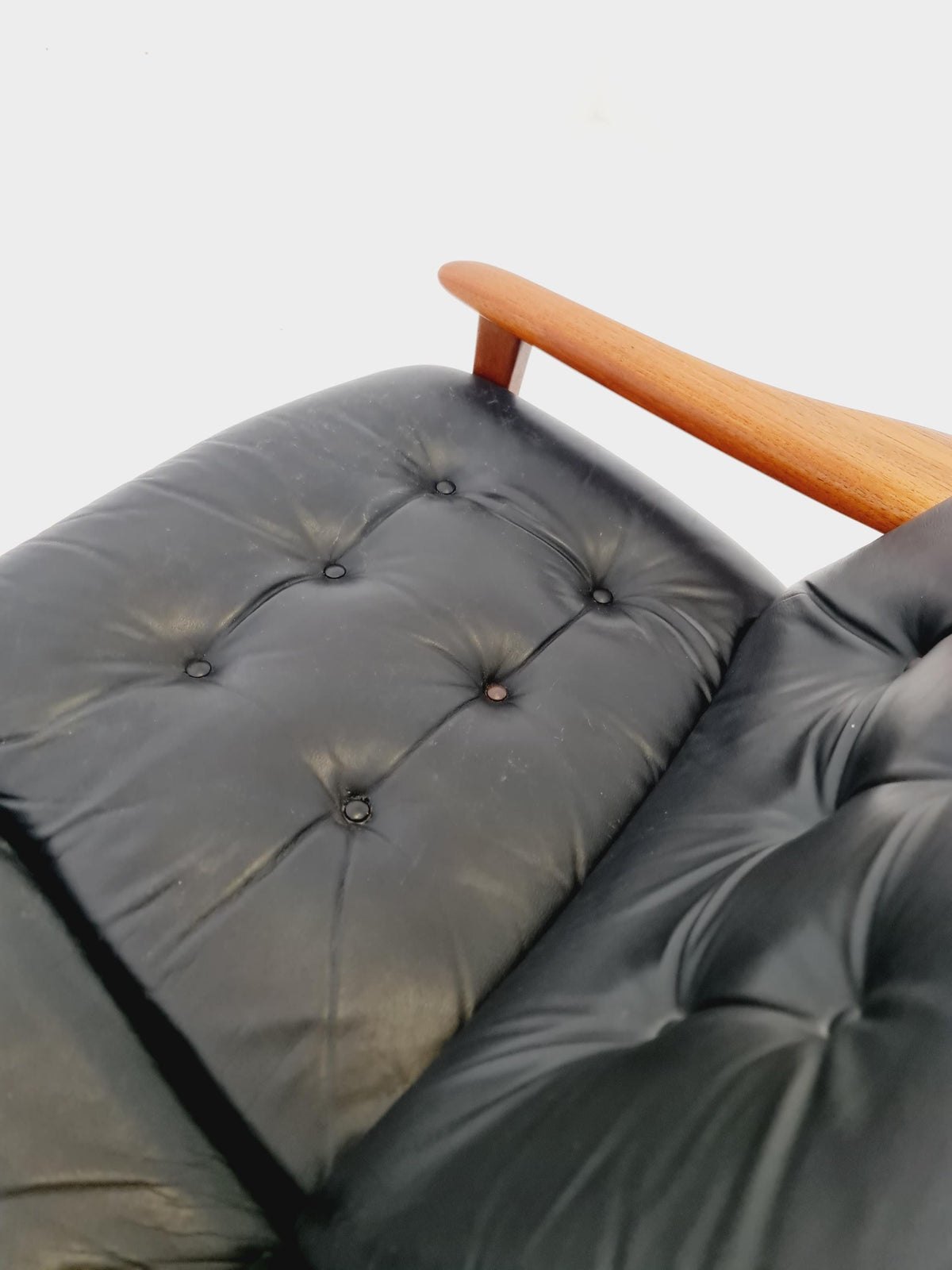 Rare Vintage Mid-Century Modern Teak & Black Leather 3-Seater Sofa