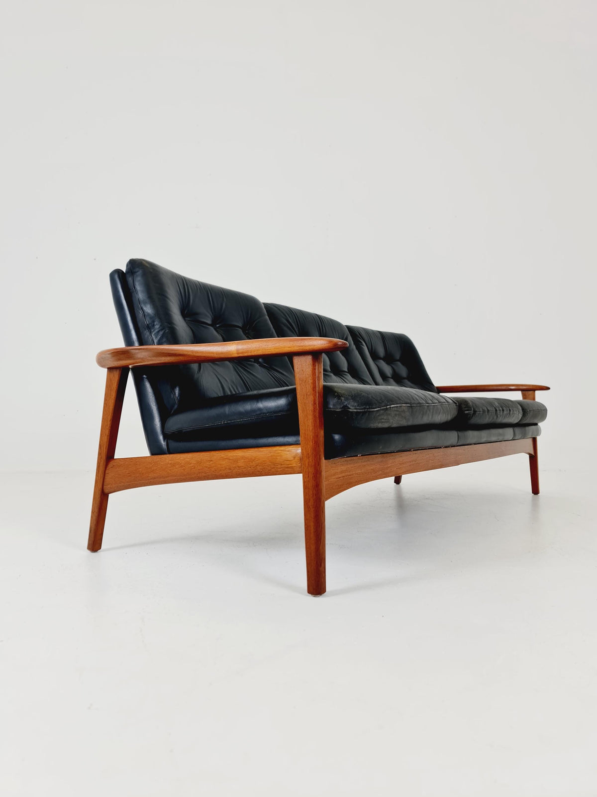 Rare Vintage Mid-Century Modern Teak & Black Leather 3-Seater Sofa