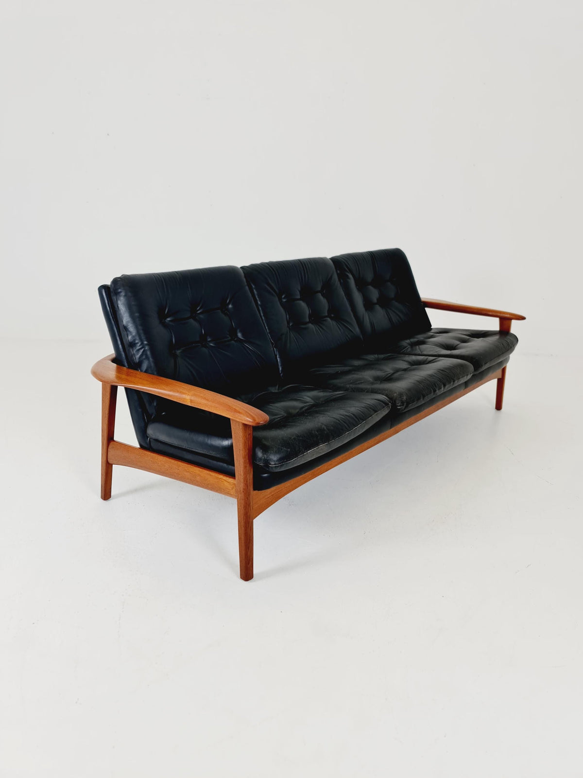 Rare Vintage Mid-Century Modern Teak & Black Leather 3-Seater Sofa