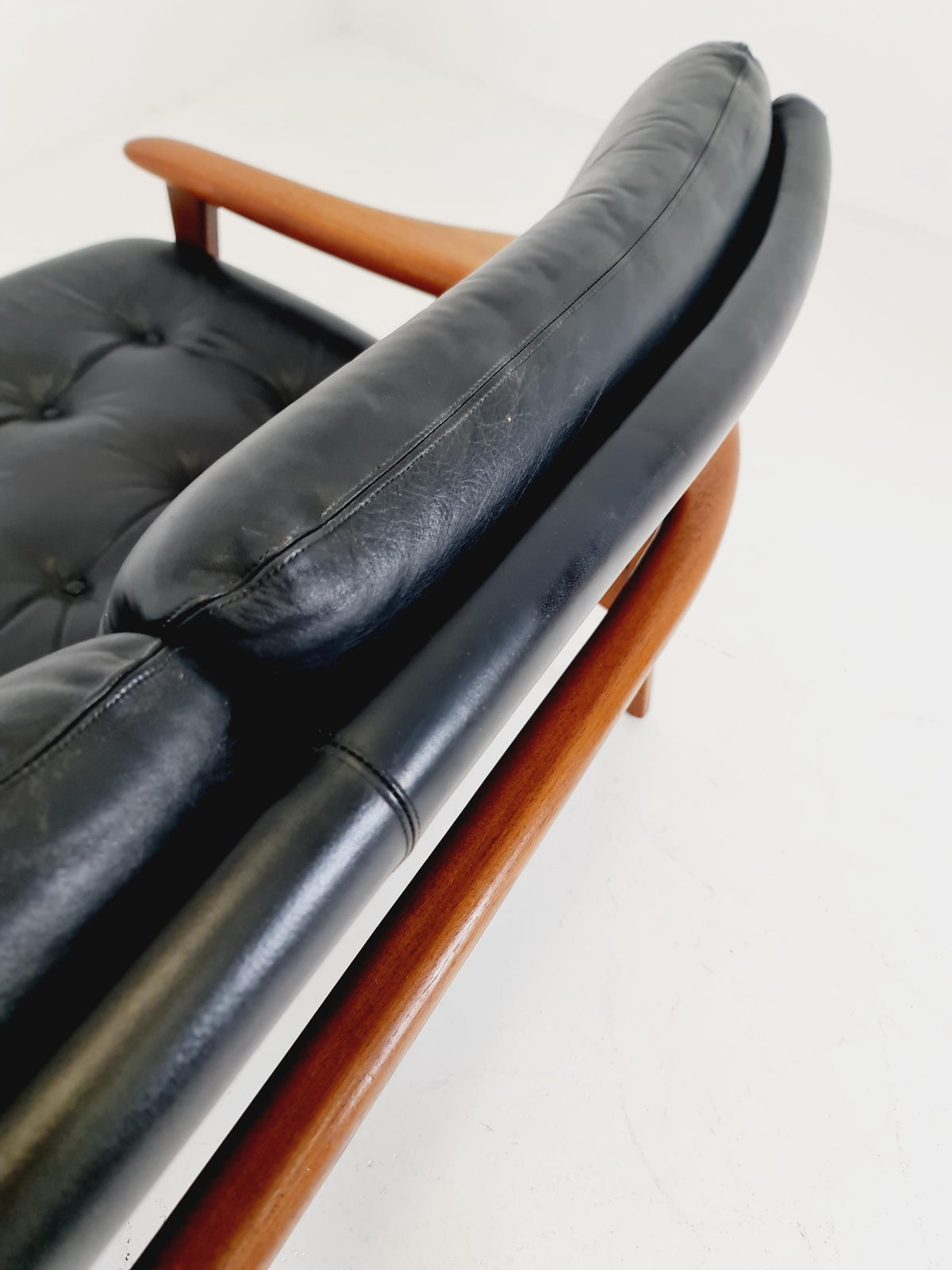 Rare Vintage Mid-Century Modern Teak & Black Leather 3-Seater Sofa