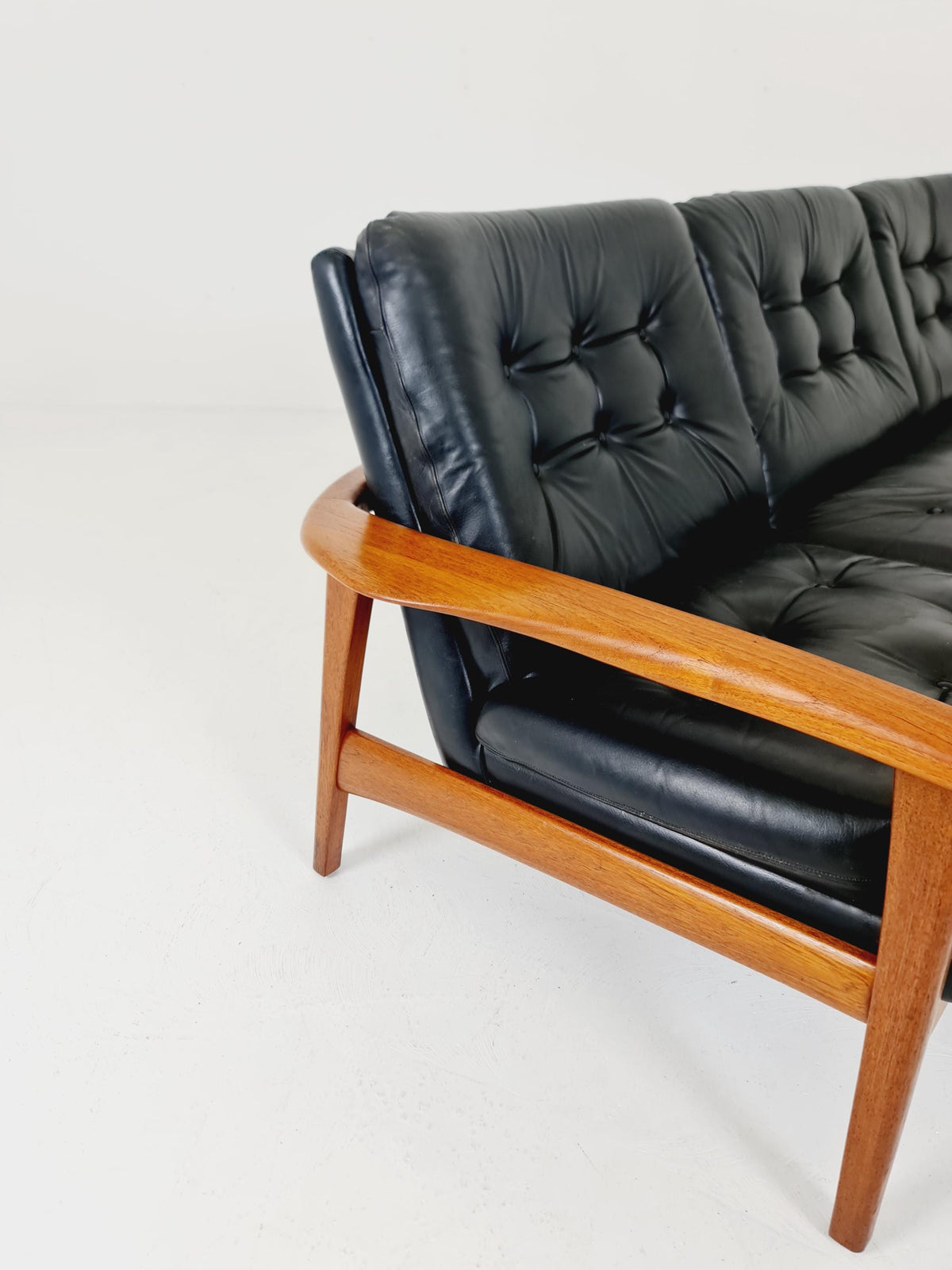 Rare Vintage Mid-Century Modern Teak & Black Leather 3-Seater Sofa