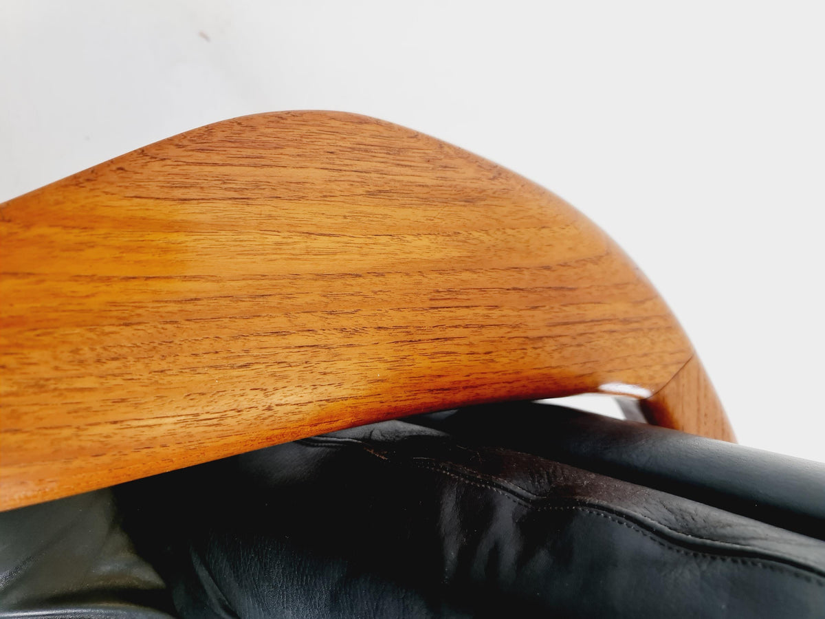 Rare Vintage Mid-Century Modern Teak & Black Leather 3-Seater Sofa