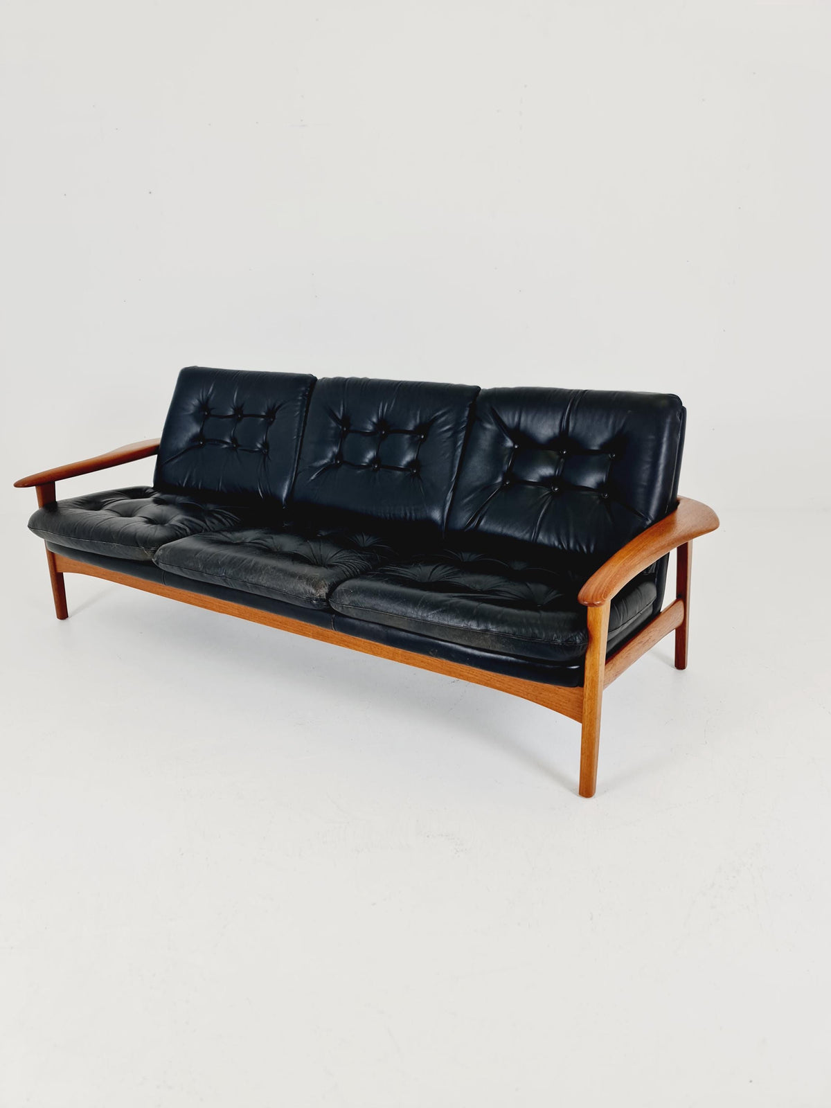 Rare Vintage Mid-Century Modern Teak & Black Leather 3-Seater Sofa