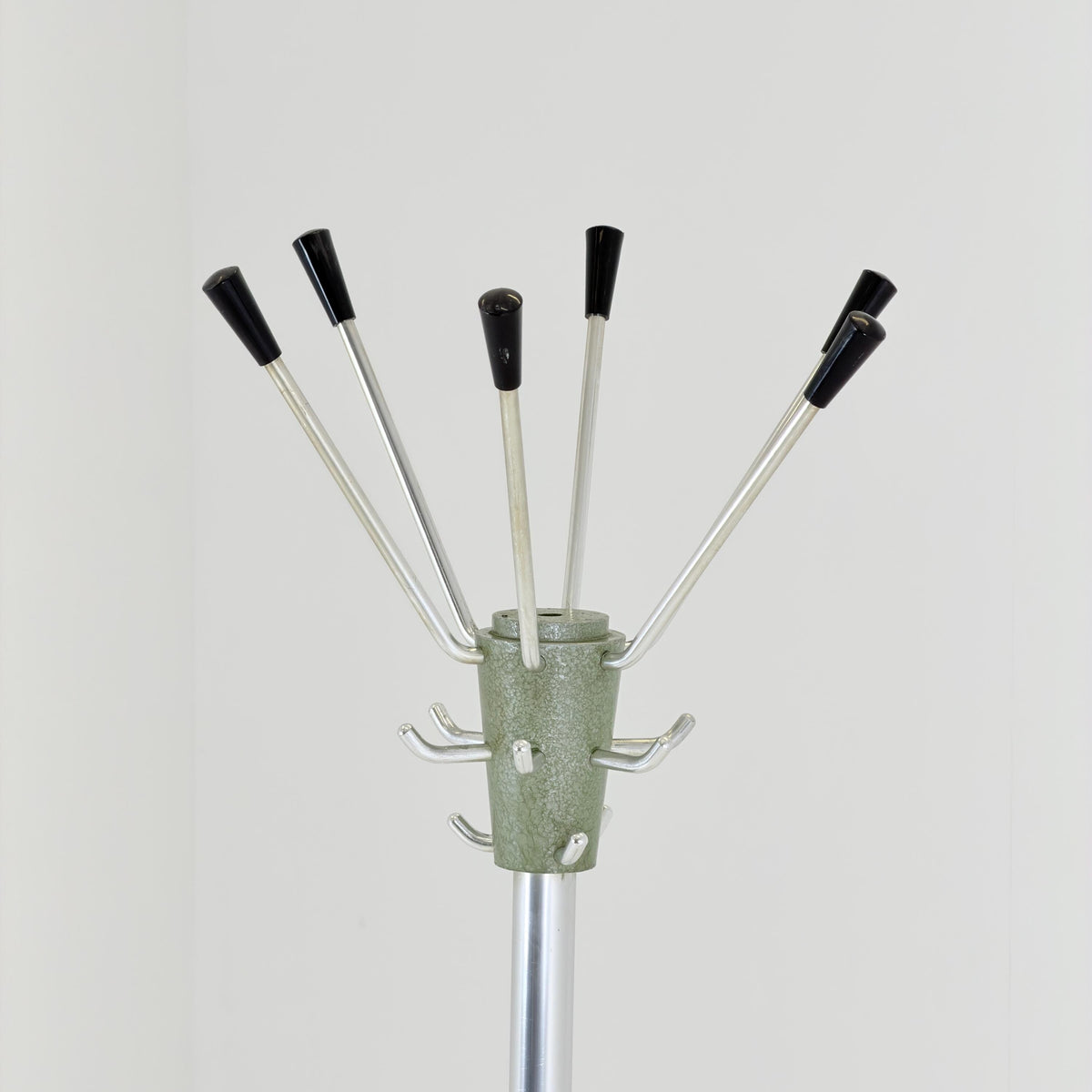 Mid Century Modern Coat Stand by Jacques Adnet, 1960s French Design, Green Metal Hall Tree with Swivel Hooks and Umbrella Holder
