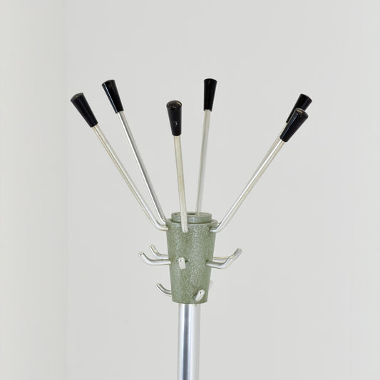 Mid Century Modern Coat Stand by Jacques Adnet, 1960s French Design, Green Metal Hall Tree with Swivel Hooks and Umbrella Holder