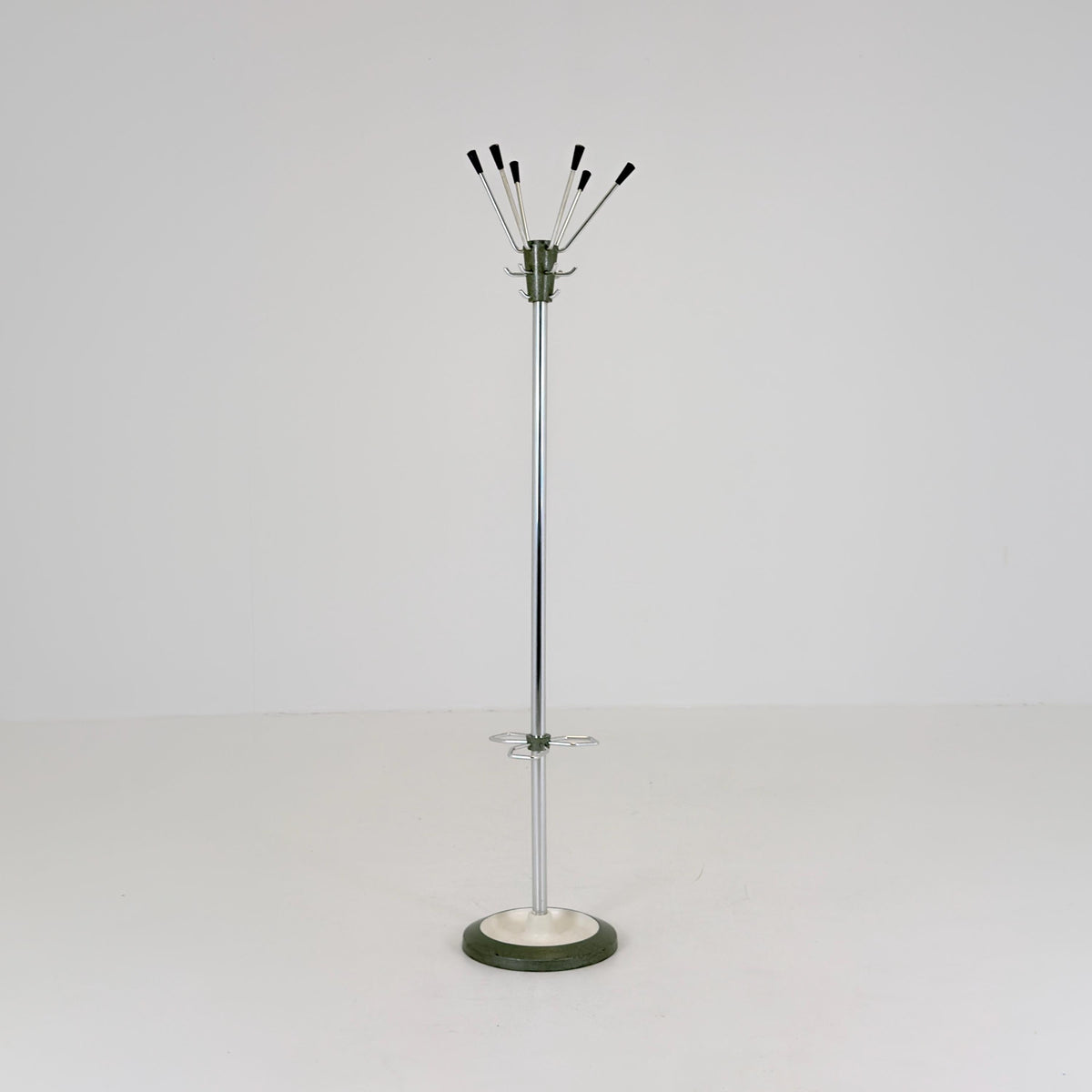 Mid Century Modern Coat Stand by Jacques Adnet, 1960s French Design, Green Metal Hall Tree with Swivel Hooks and Umbrella Holder