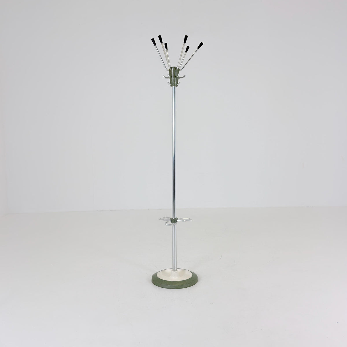 Mid Century Modern Coat Stand by Jacques Adnet, 1960s French Design, Green Metal Hall Tree with Swivel Hooks and Umbrella Holder