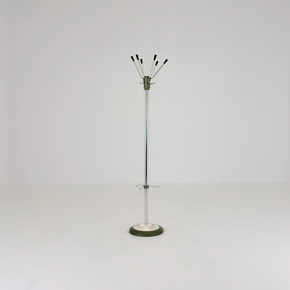 Mid Century Modern Coat Stand by Jacques Adnet, 1960s French Design, Green Metal Hall Tree with Swivel Hooks and Umbrella Holder