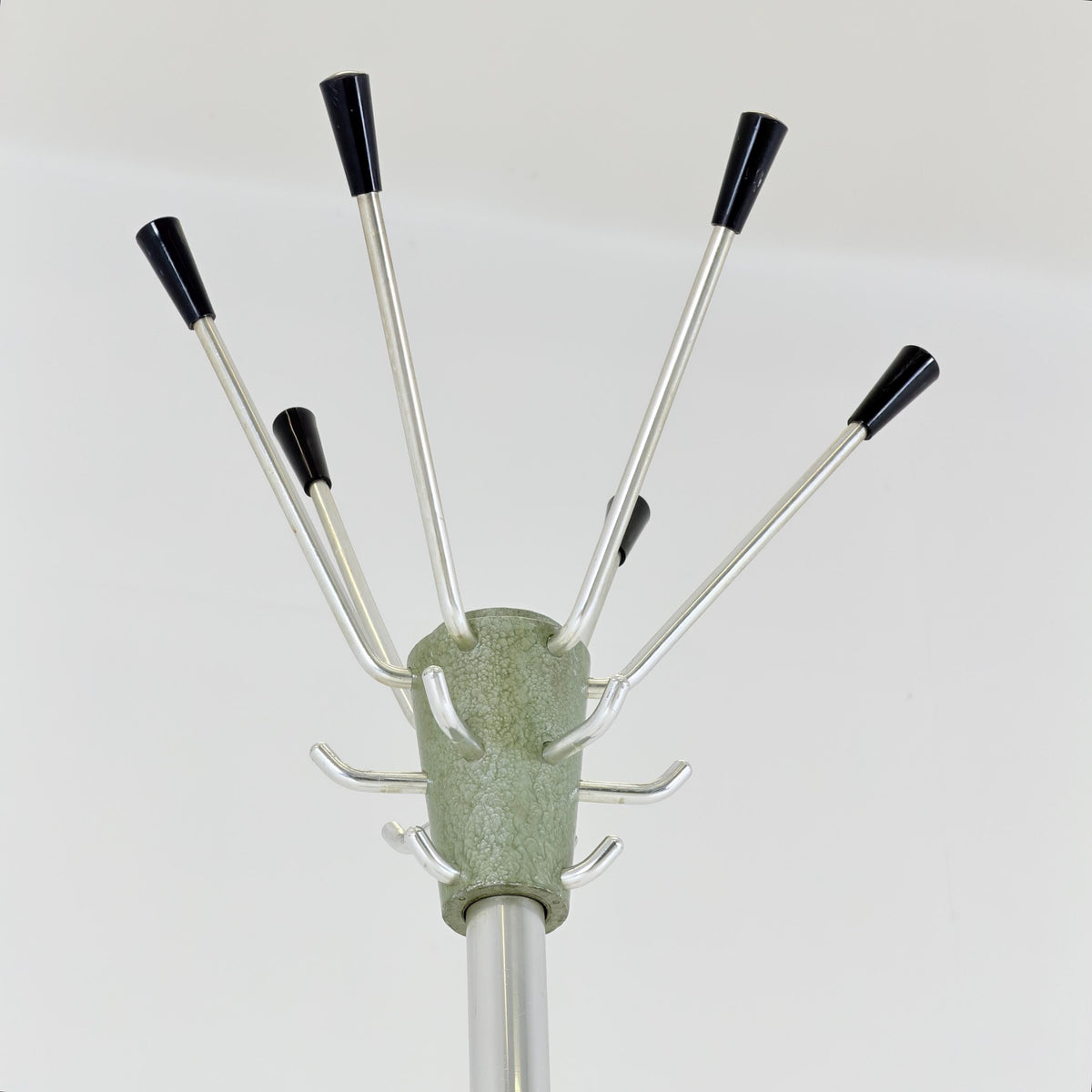 Mid Century Modern Coat Stand by Jacques Adnet, 1960s French Design, Green Metal Hall Tree with Swivel Hooks and Umbrella Holder