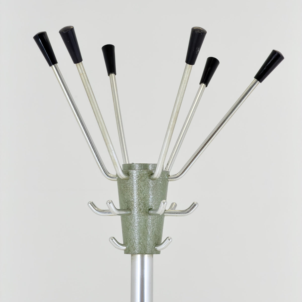 Mid Century Modern Coat Stand by Jacques Adnet, 1960s French Design, Green Metal Hall Tree with Swivel Hooks and Umbrella Holder