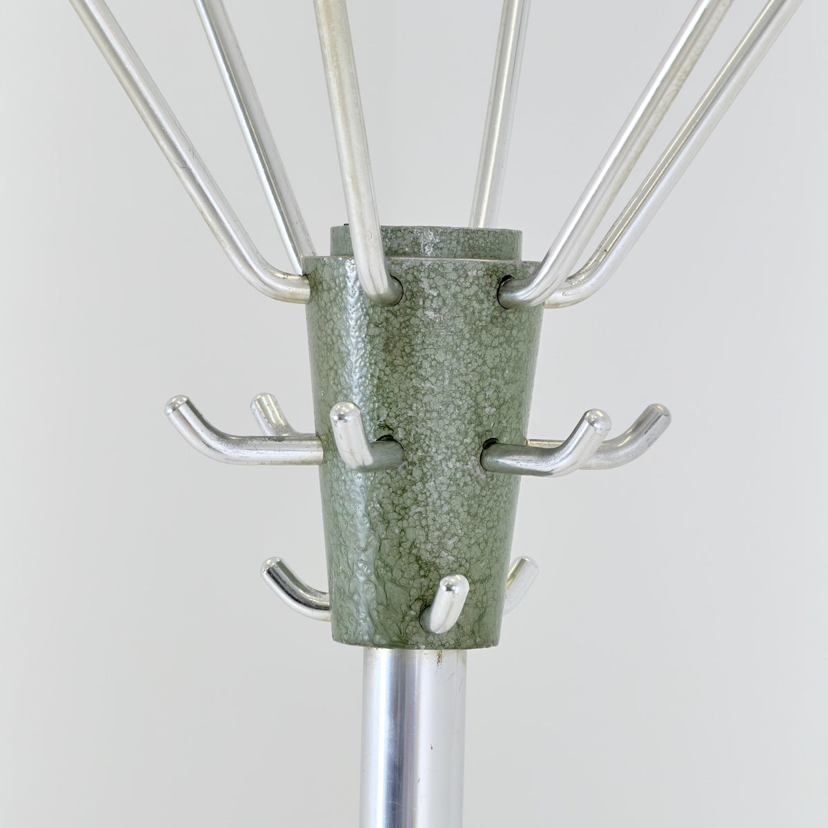 Mid Century Modern Coat Stand by Jacques Adnet, 1960s French Design, Green Metal Hall Tree with Swivel Hooks and Umbrella Holder