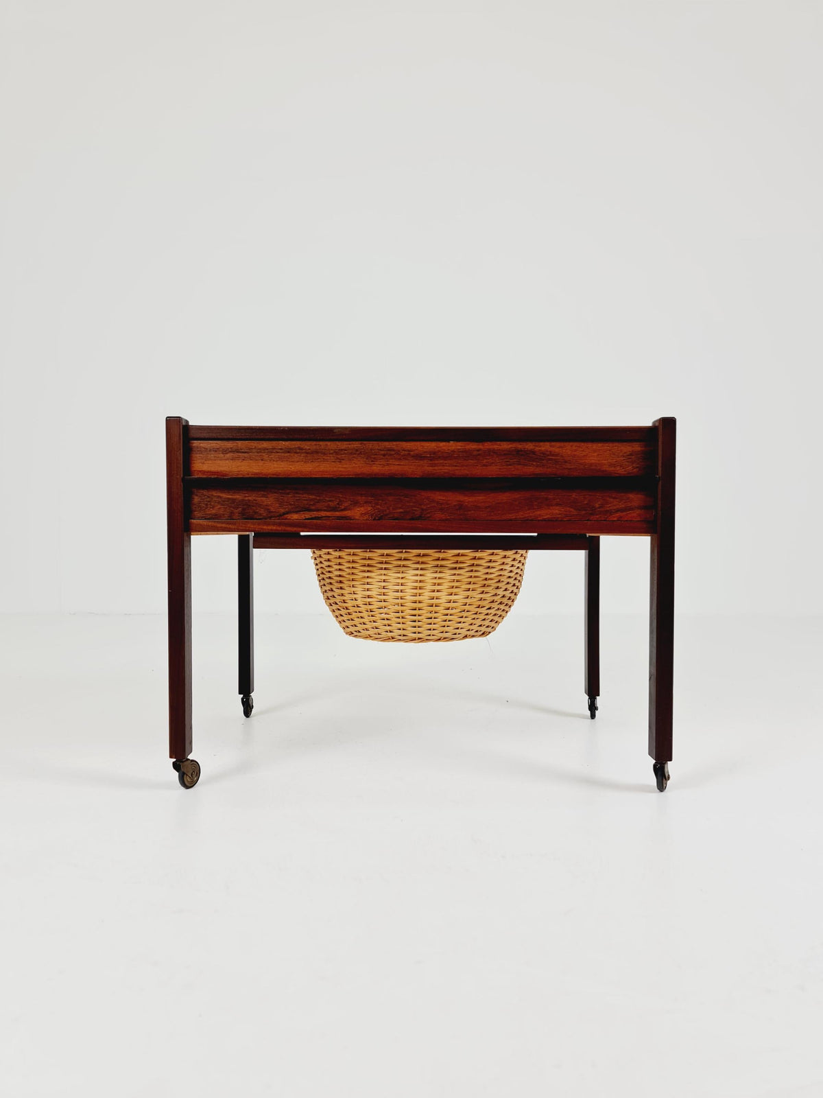 Vintage Danish Rosewood and rattan sewing table/ side table cabinet , 1960s