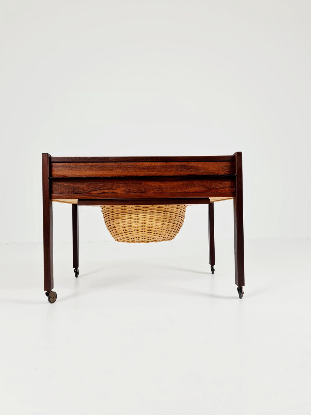 Vintage Danish Rosewood and rattan sewing table/ side table cabinet , 1960s
