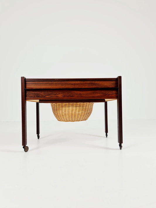 Vintage Danish Rosewood and rattan sewing table/ side table cabinet , 1960s