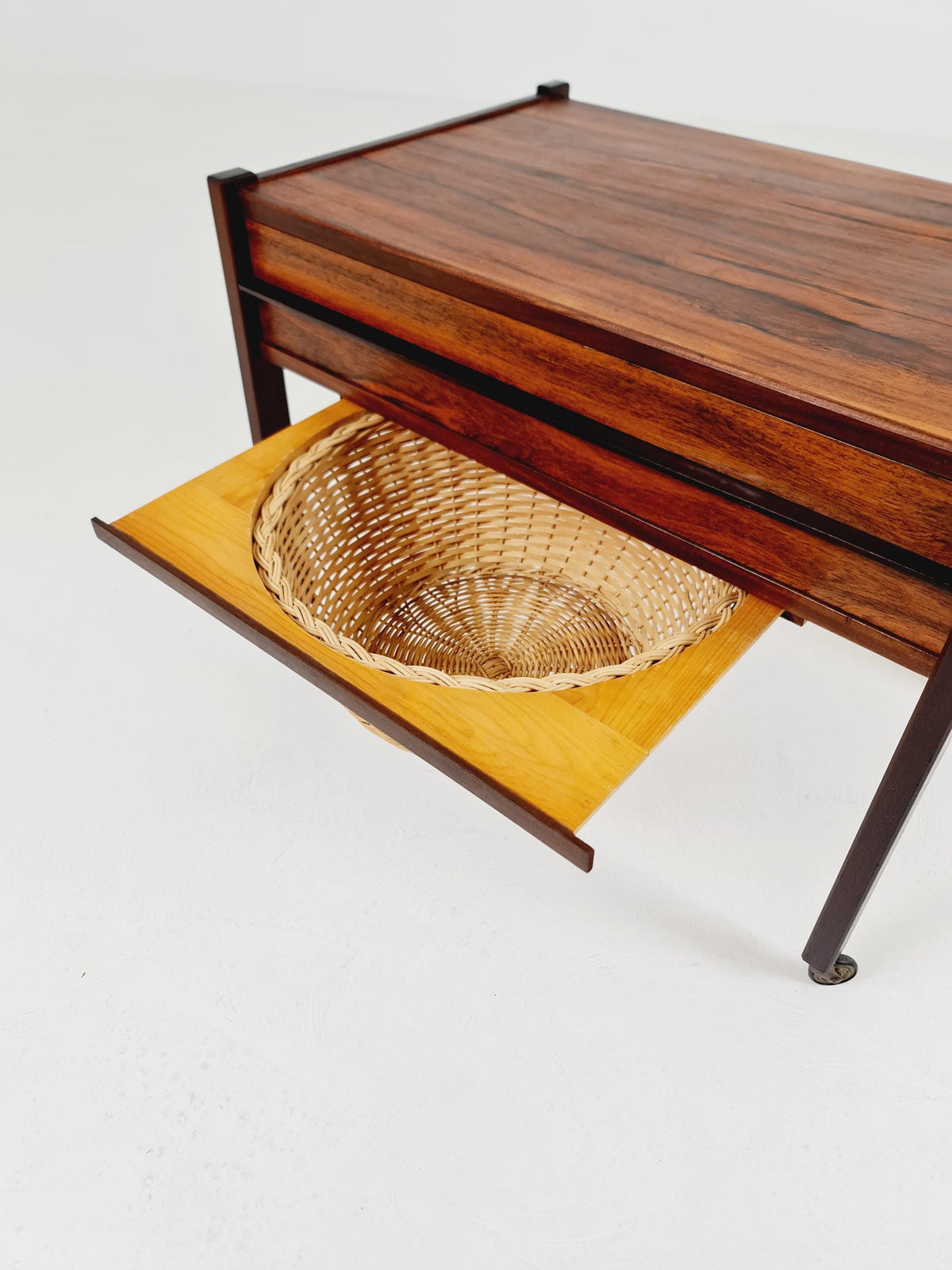 Vintage Danish Rosewood and rattan sewing table/ side table cabinet , 1960s
