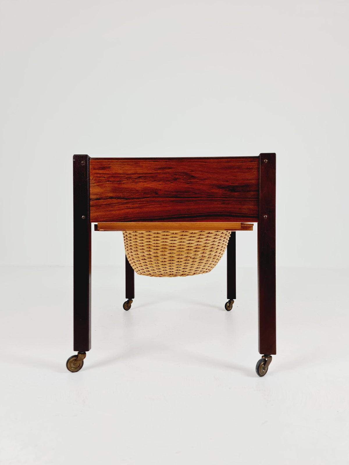 Vintage Danish Rosewood and rattan sewing table/ side table cabinet , 1960s