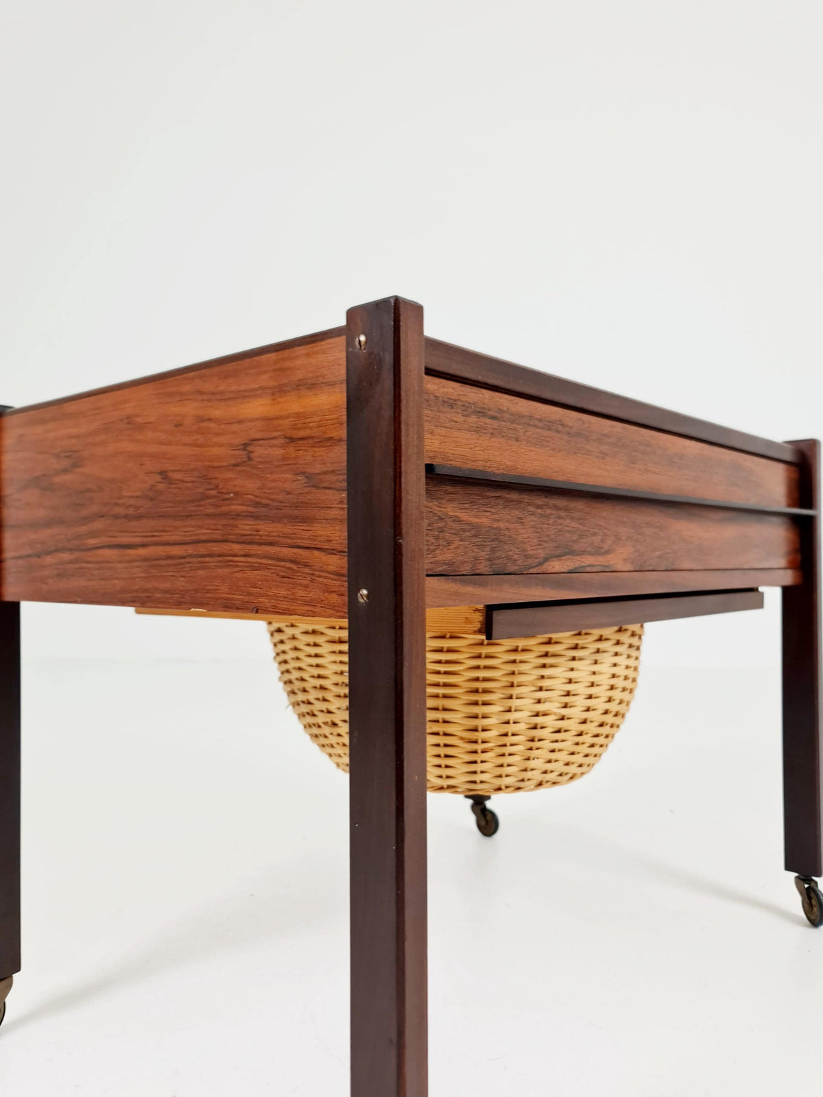 Vintage Danish Rosewood and rattan sewing table/ side table cabinet , 1960s