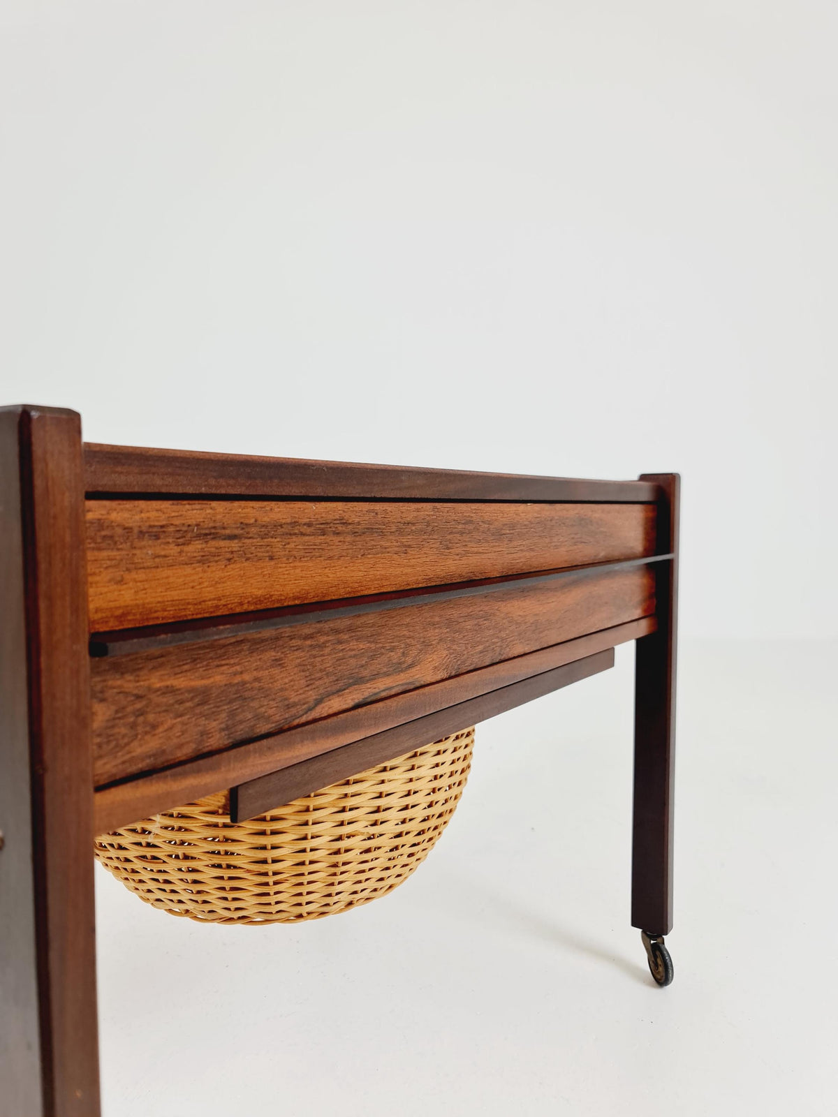 Vintage Danish Rosewood and rattan sewing table/ side table cabinet , 1960s