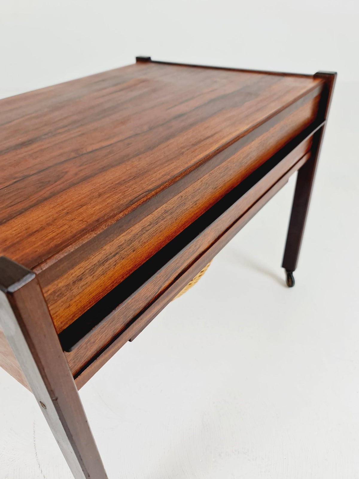 Vintage Danish Rosewood and rattan sewing table/ side table cabinet , 1960s