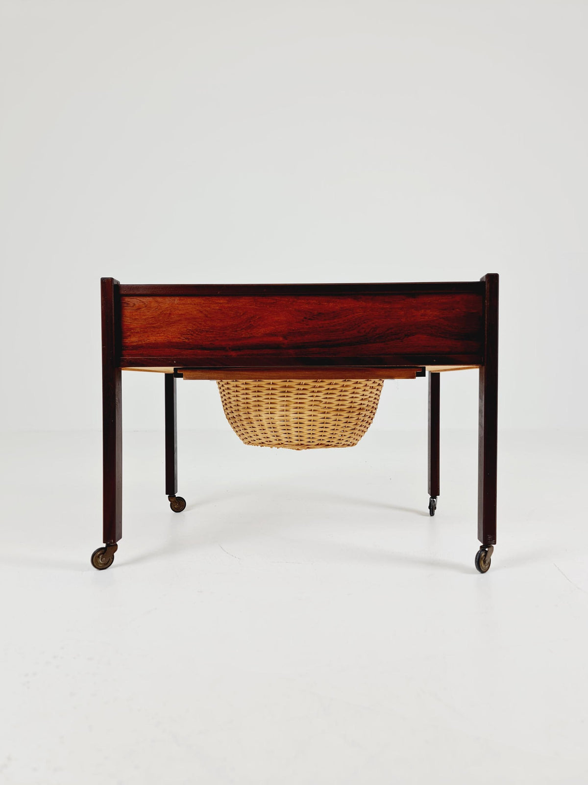 Vintage Danish Rosewood and rattan sewing table/ side table cabinet , 1960s