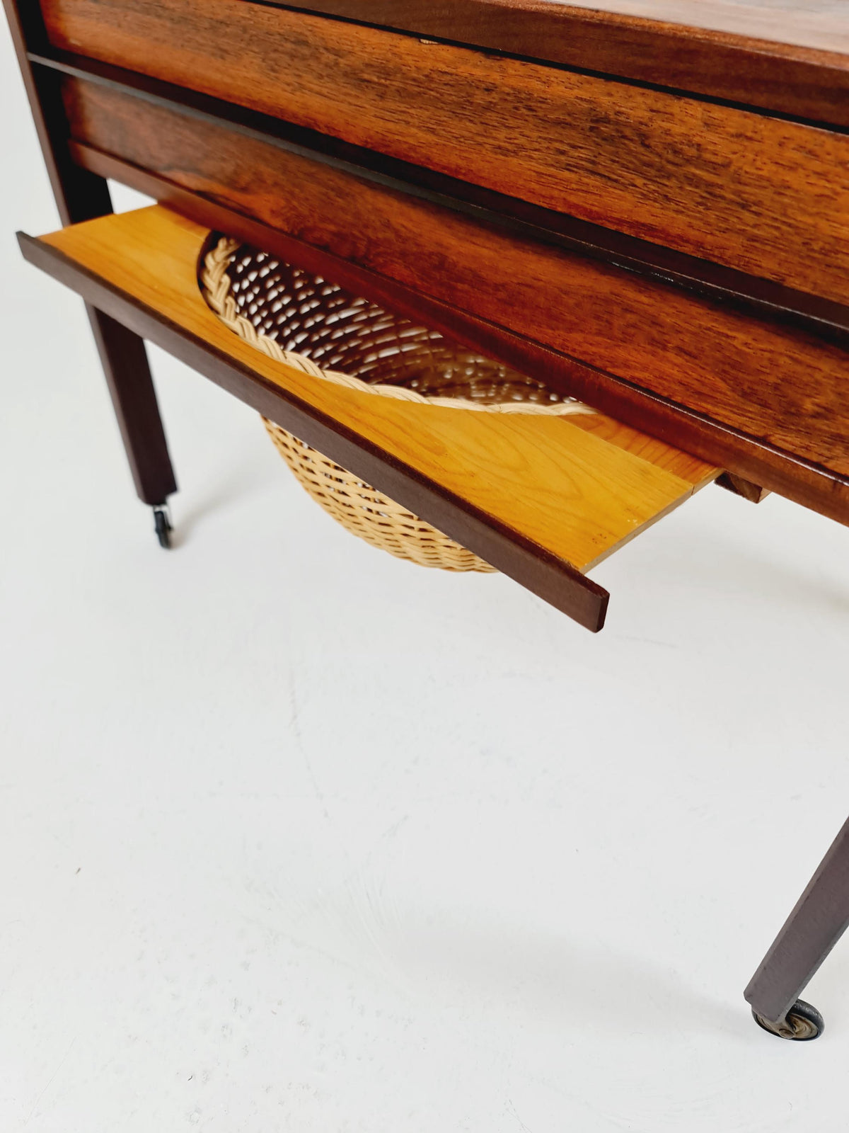 Vintage Danish Rosewood and rattan sewing table/ side table cabinet , 1960s