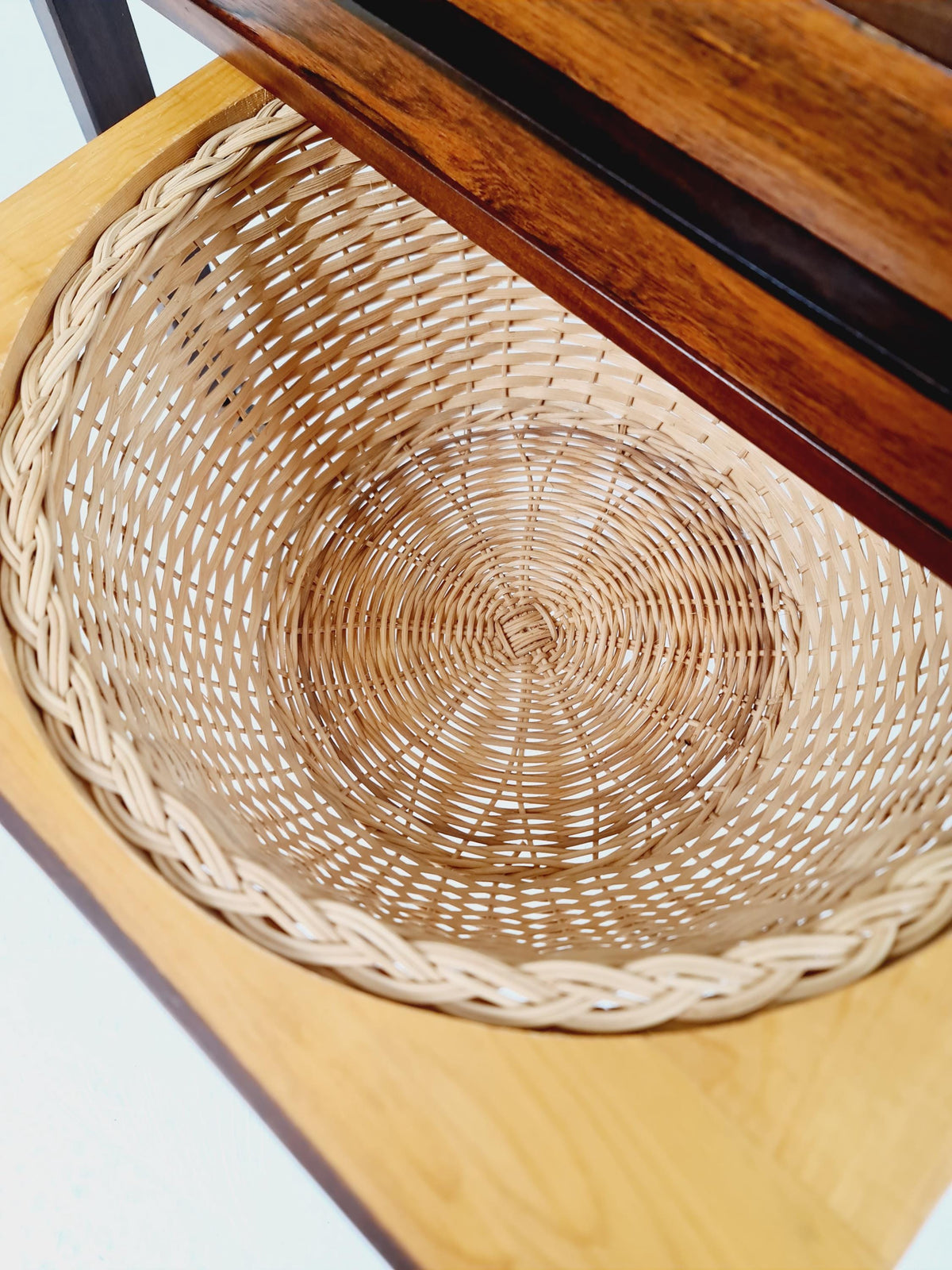 Vintage Danish Rosewood and rattan sewing table/ side table cabinet , 1960s