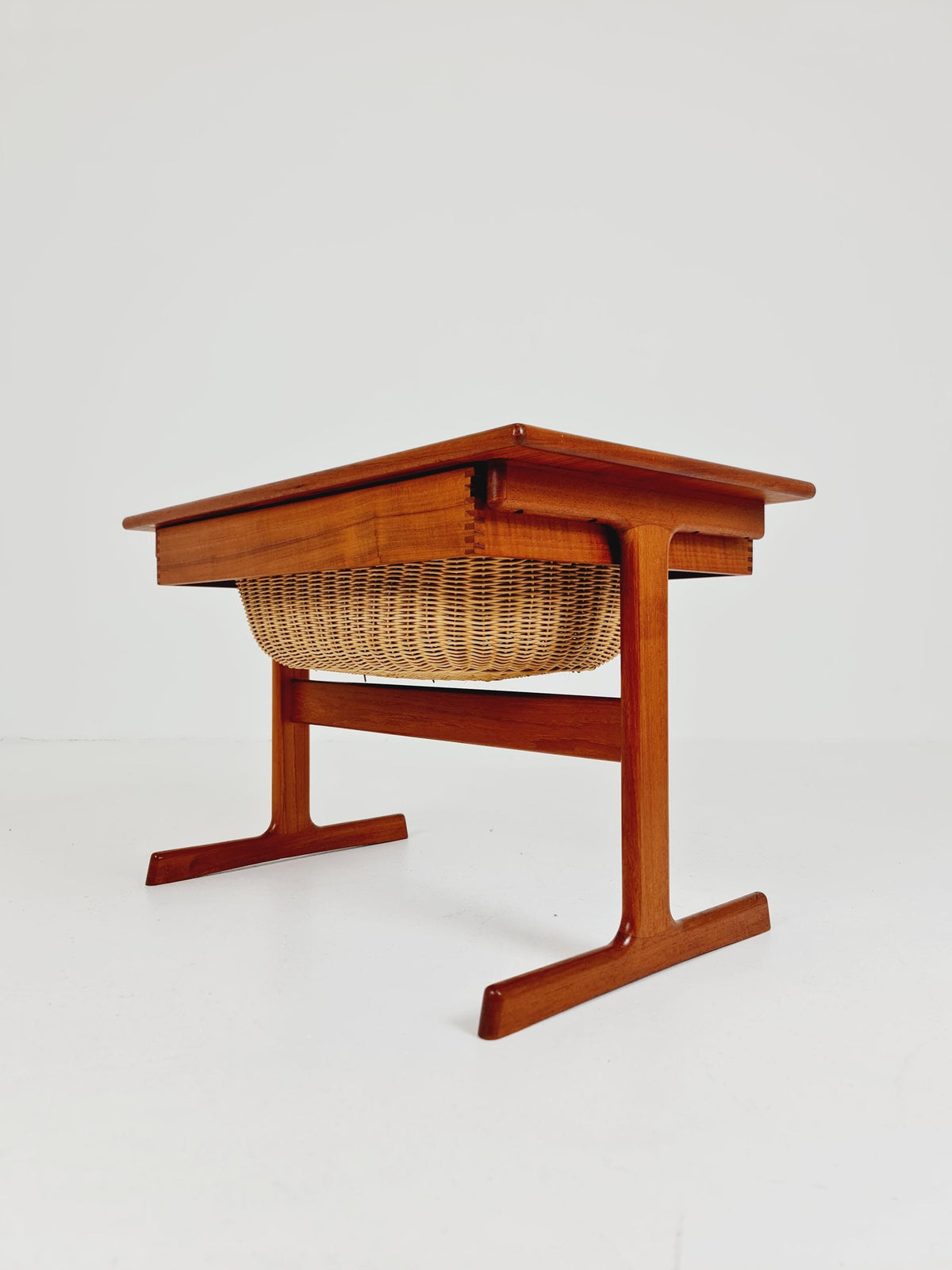 Vintage Danish teak and rattan sewing table/ side table cabinet By Kai Kristiansen for vildbjerg, 1960s