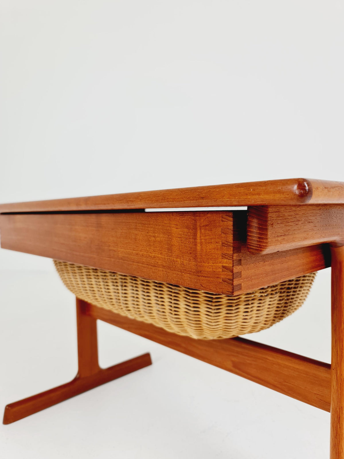 Vintage Danish teak and rattan sewing table/ side table cabinet By Kai Kristiansen for vildbjerg, 1960s