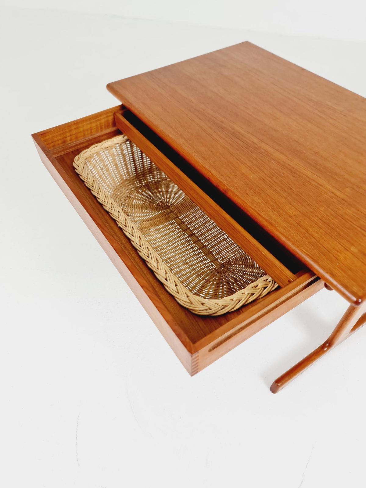 Vintage Danish teak and rattan sewing table/ side table cabinet By Kai Kristiansen for vildbjerg, 1960s