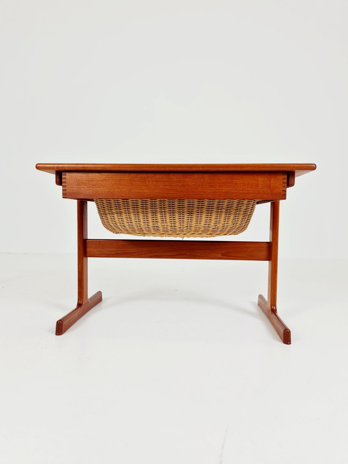 Vintage Danish teak and rattan sewing table/ side table cabinet By Kai Kristiansen for vildbjerg, 1960s