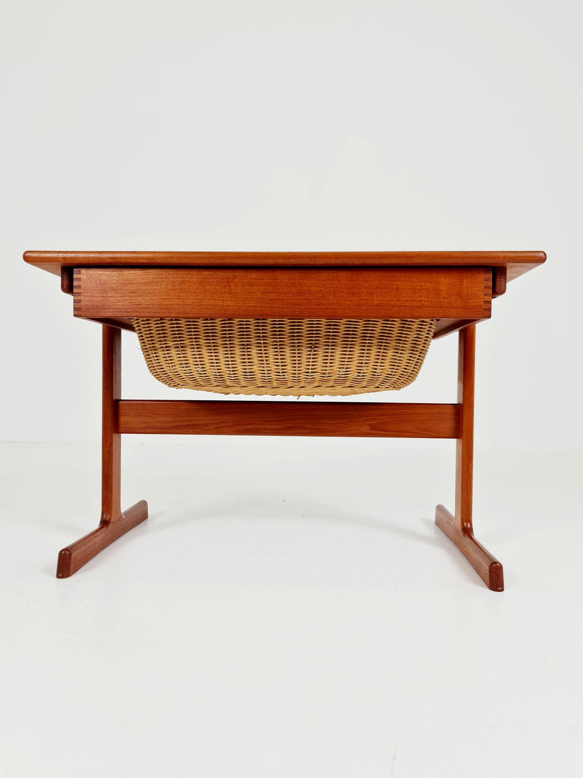 Vintage Danish teak and rattan sewing table/ side table cabinet By Kai Kristiansen for vildbjerg, 1960s