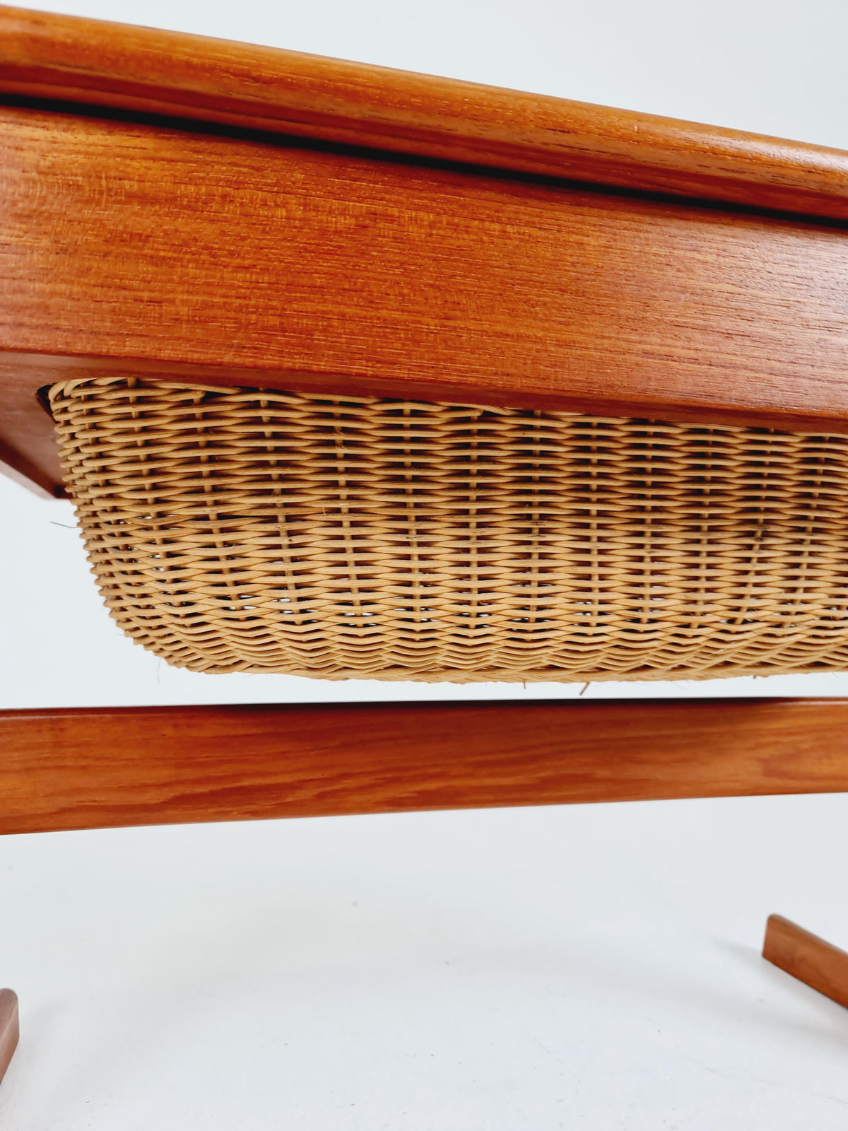 Vintage Danish teak and rattan sewing table/ side table cabinet By Kai Kristiansen for vildbjerg, 1960s