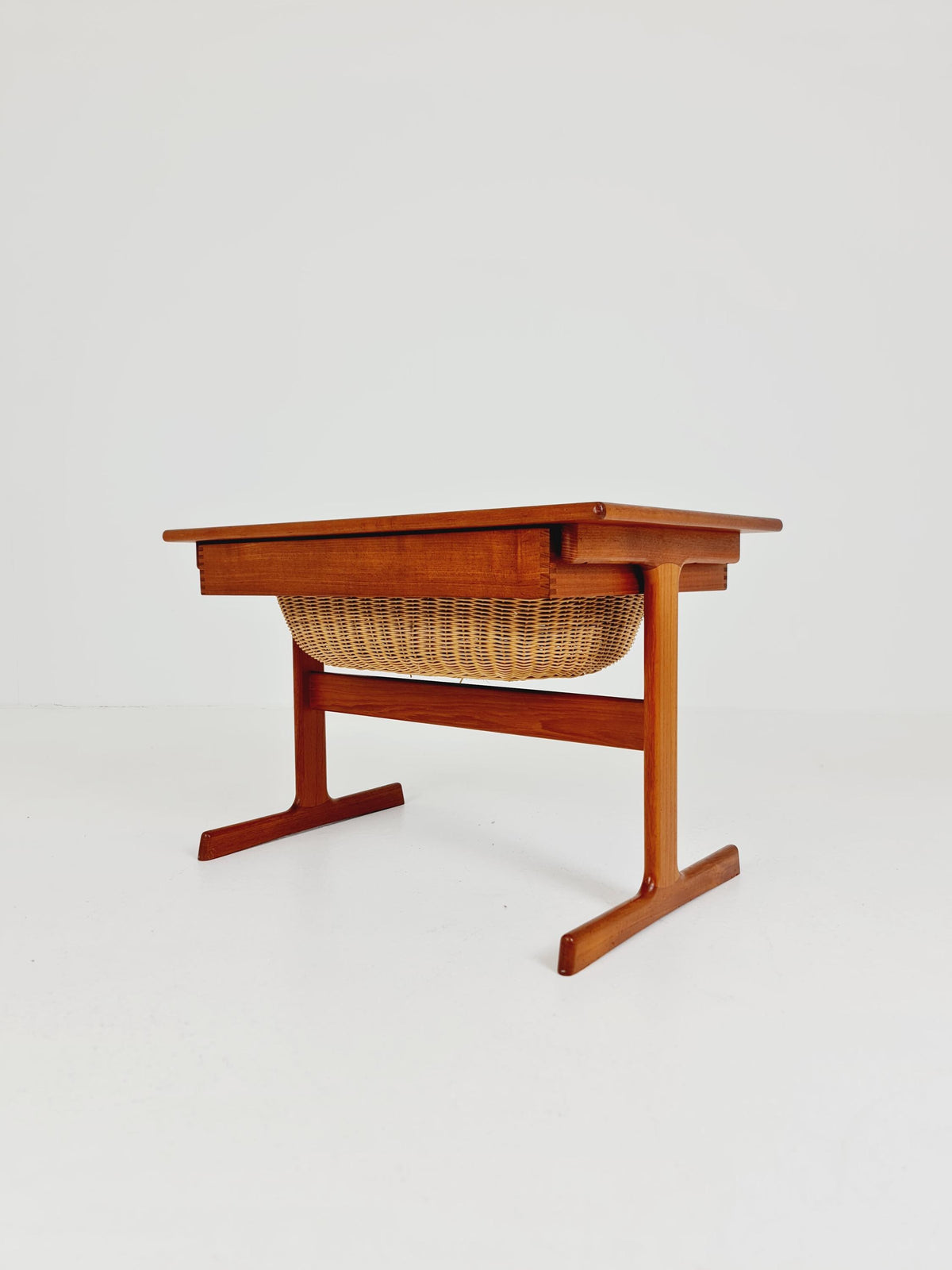 Vintage Danish teak and rattan sewing table/ side table cabinet By Kai Kristiansen for vildbjerg, 1960s