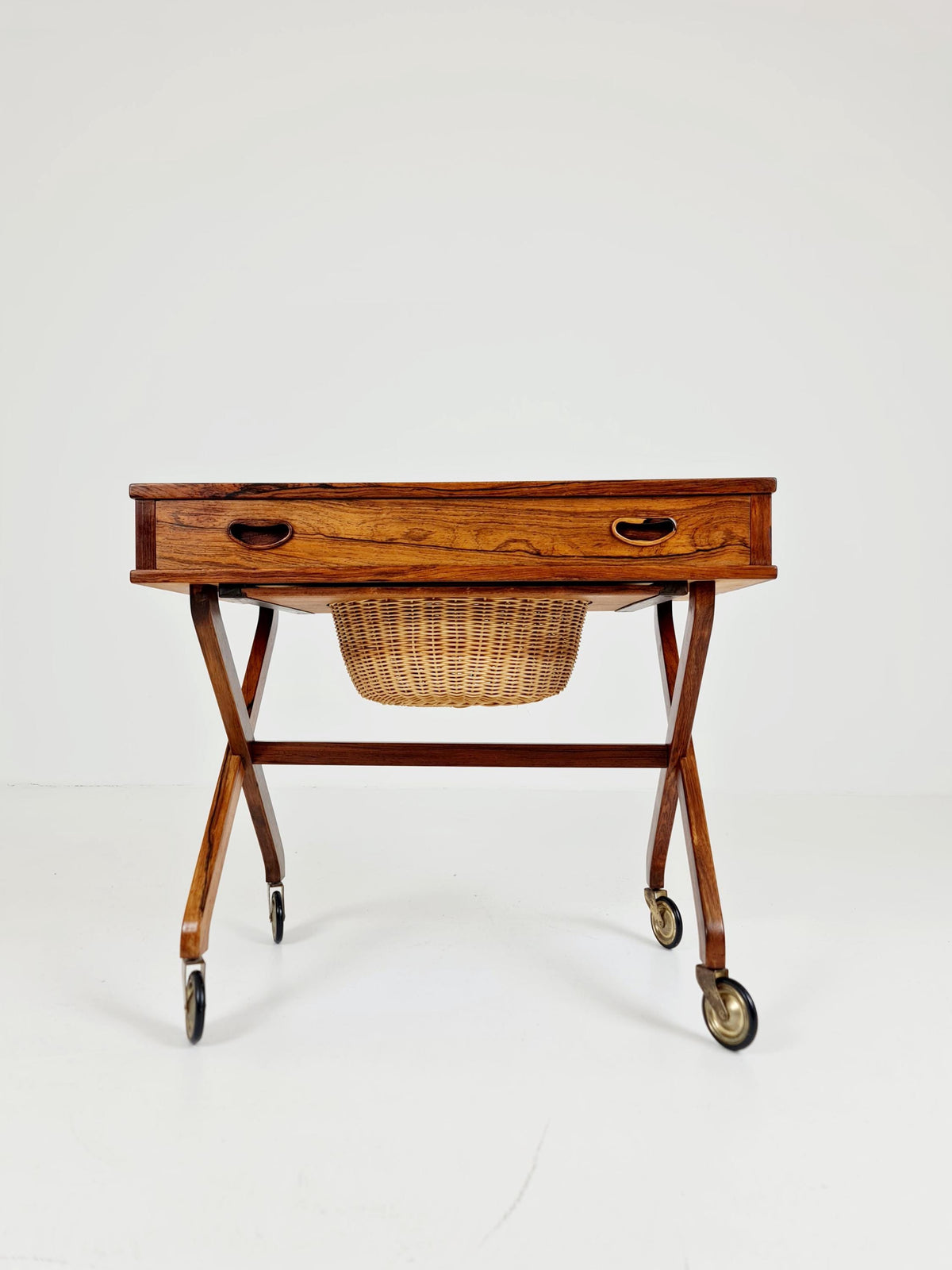 Rare Vintage Danish Rosewood and rattan sewing table/ side table cabinet , 1960s