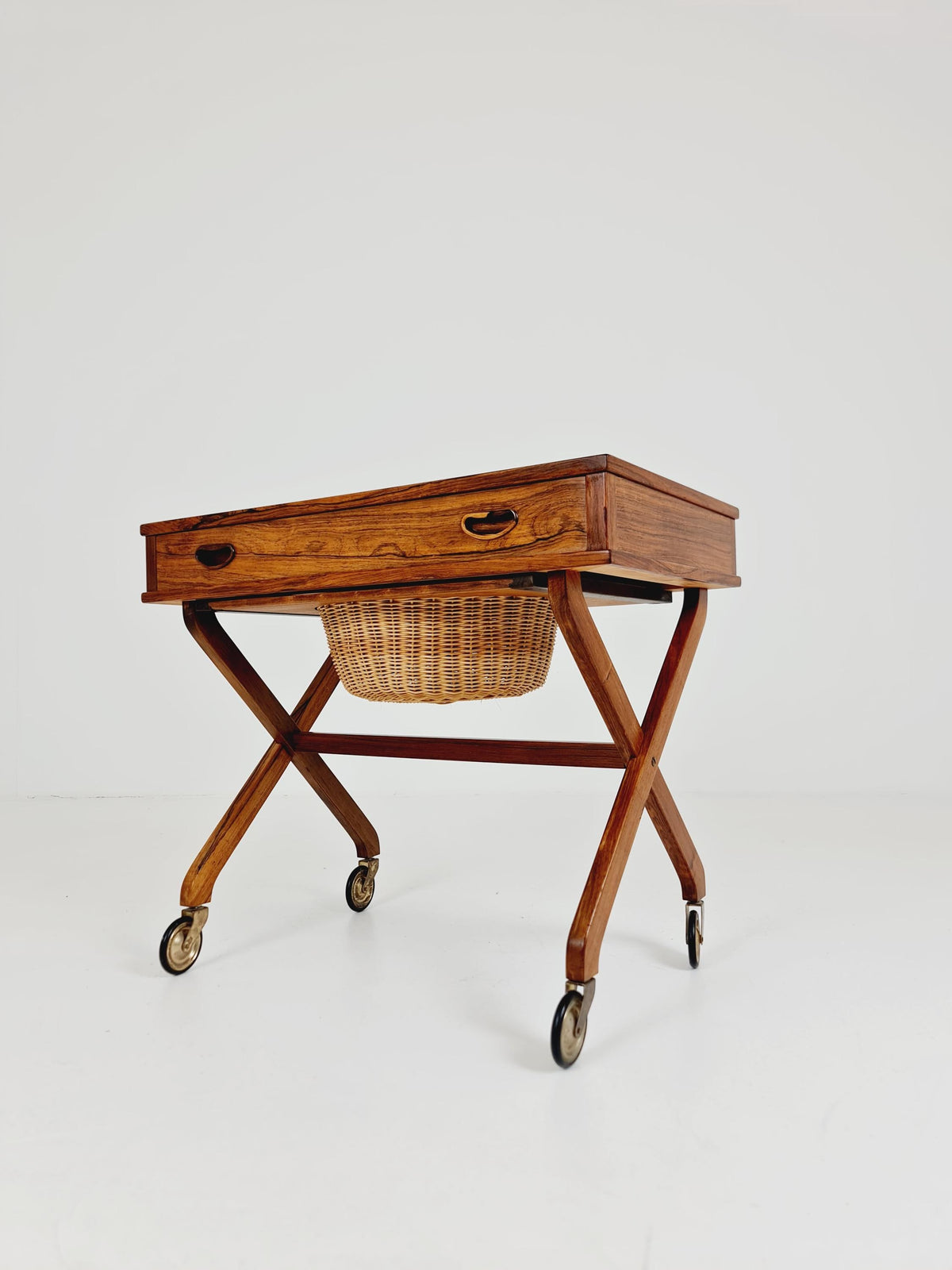 Rare Vintage Danish Rosewood and rattan sewing table/ side table cabinet , 1960s
