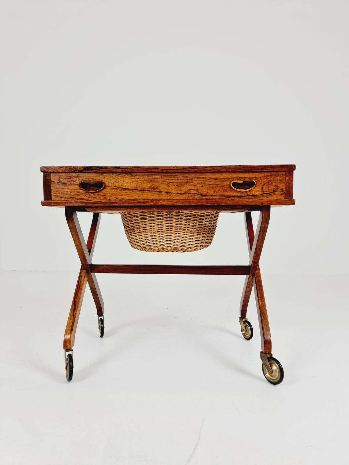 Rare Vintage Danish Rosewood and rattan sewing table/ side table cabinet , 1960s