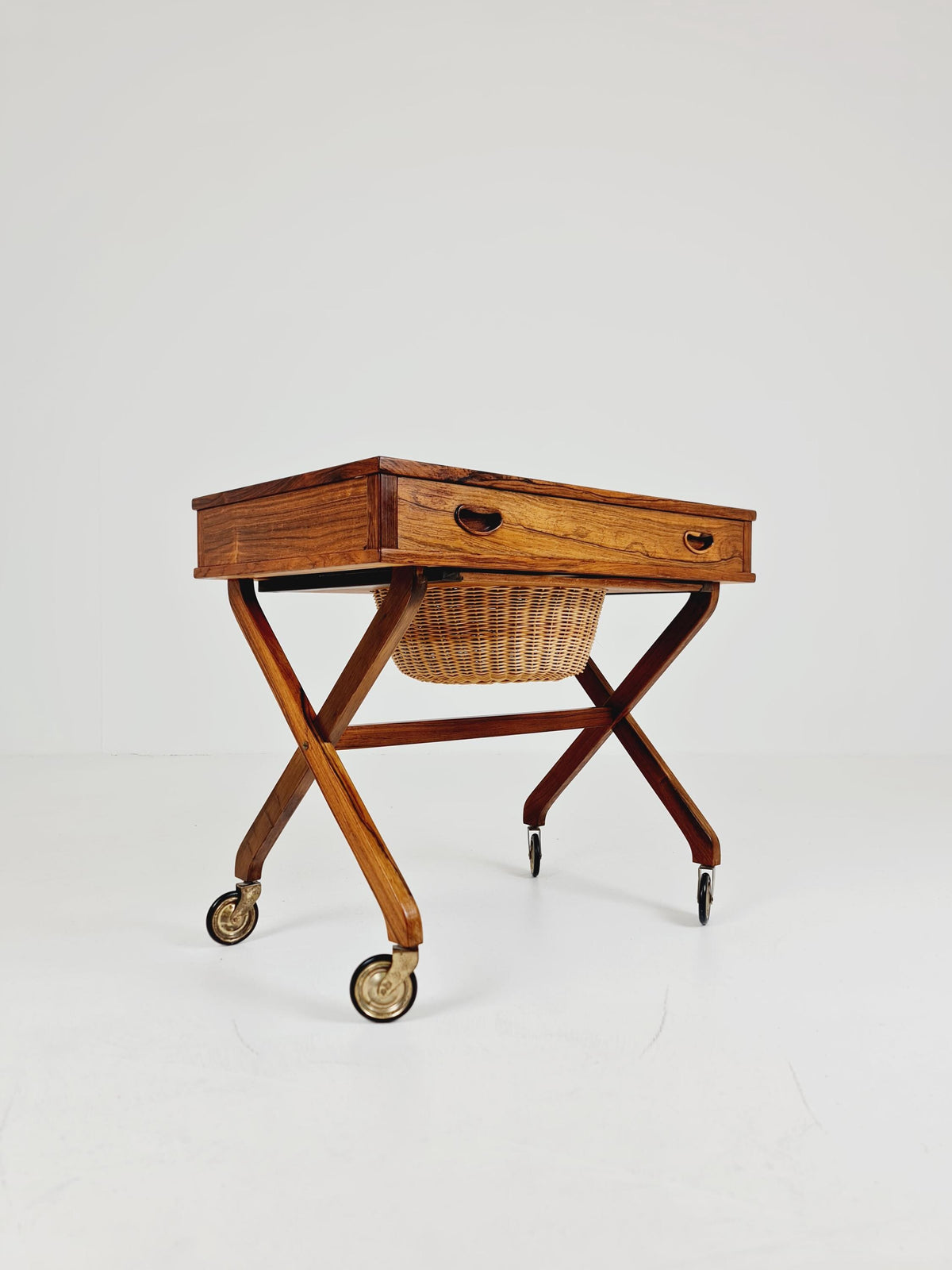 Rare Vintage Danish Rosewood and rattan sewing table/ side table cabinet , 1960s