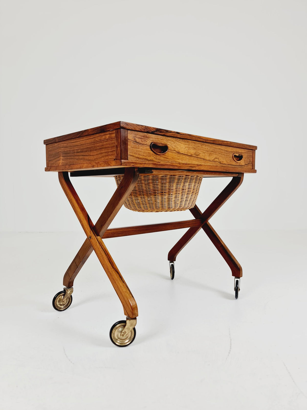 Rare Vintage Danish Rosewood and rattan sewing table/ side table cabinet , 1960s