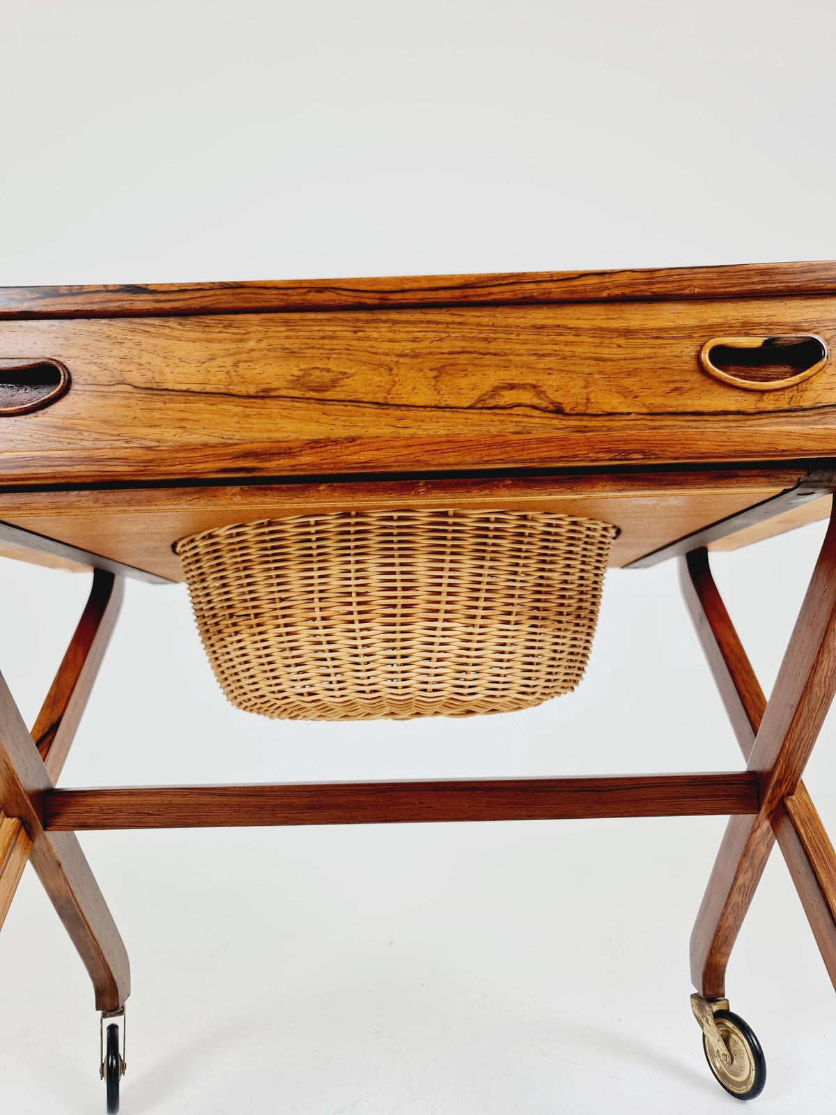 Rare Vintage Danish Rosewood and rattan sewing table/ side table cabinet , 1960s
