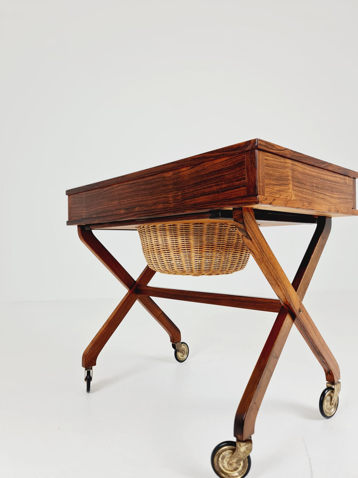 Rare Vintage Danish Rosewood and rattan sewing table/ side table cabinet , 1960s